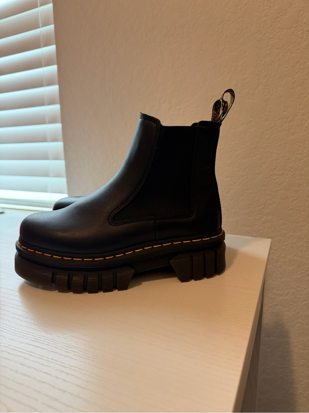 Dr. Martens Black Leather Platform Chelsea Boots with Yellow Stitching - Picture 2 of 4